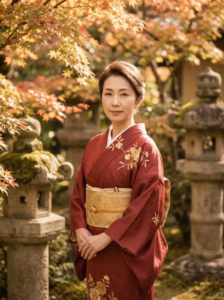 一位身穿暗红色和服的优雅 里番动漫-里番动漫高清播放~里番动漫独家资源站 在日式庭院中